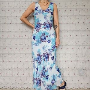 Vintage Blue Floral Bias Cut Maxi Dress